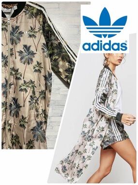 adidas Palm Print Long Bomber Jacket in Beige and Green